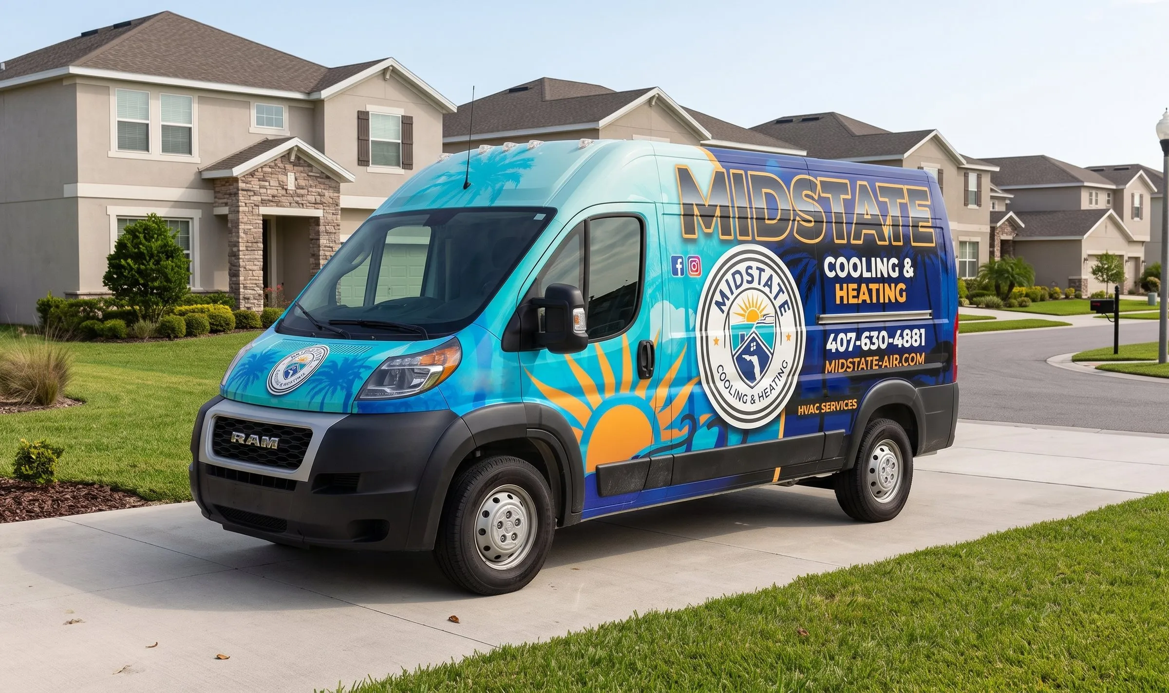 Midstate Cooling and Heating service van parked in a Central Florida neighborhood