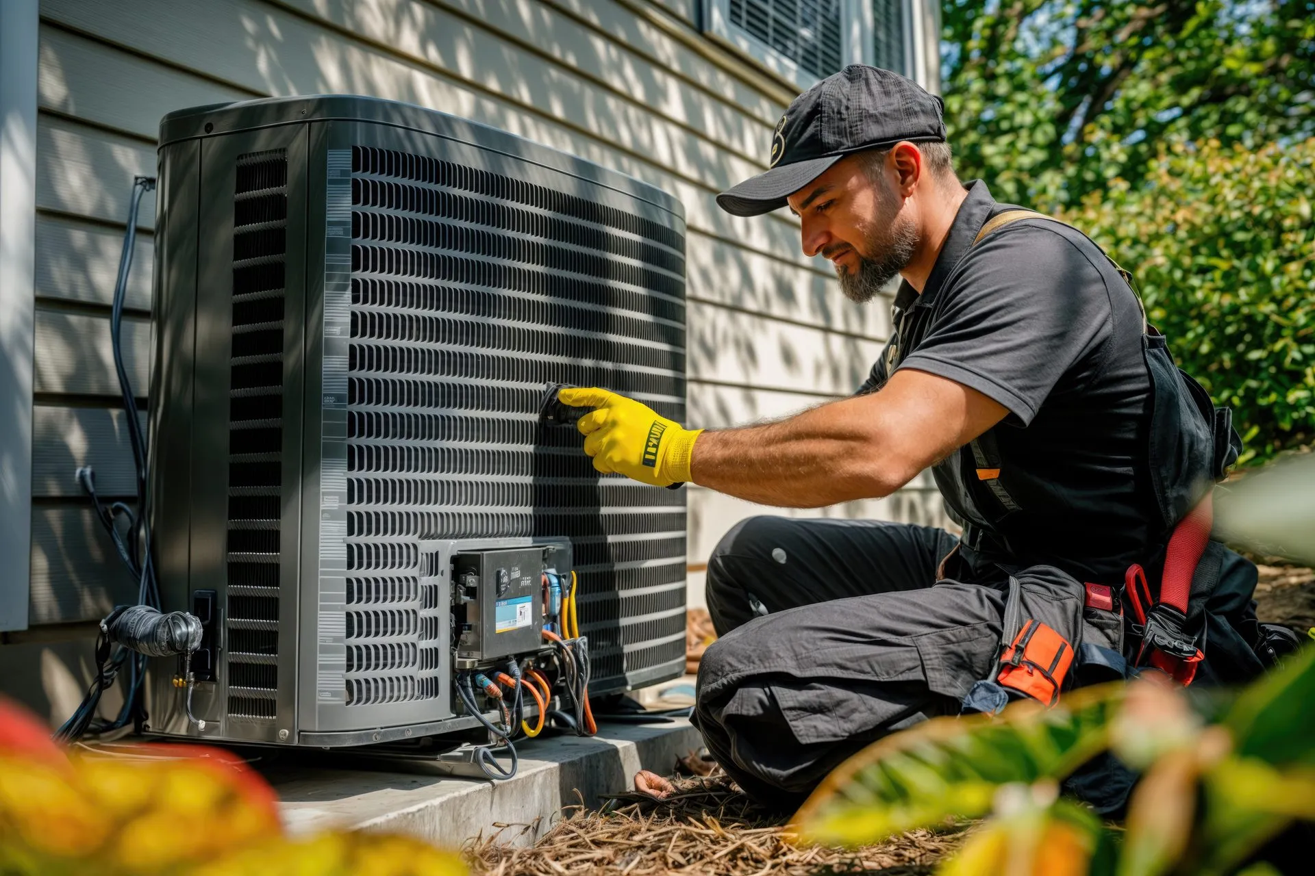 Midstate Air technician servicing an outdoor AC condenser unit